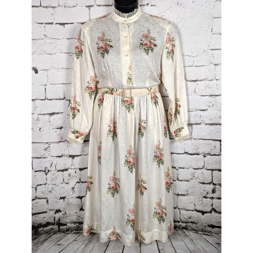 VINTAGE 70s J.G. HOOK Belted Secretary Dress Midi Floral Pockets Modest *Medium